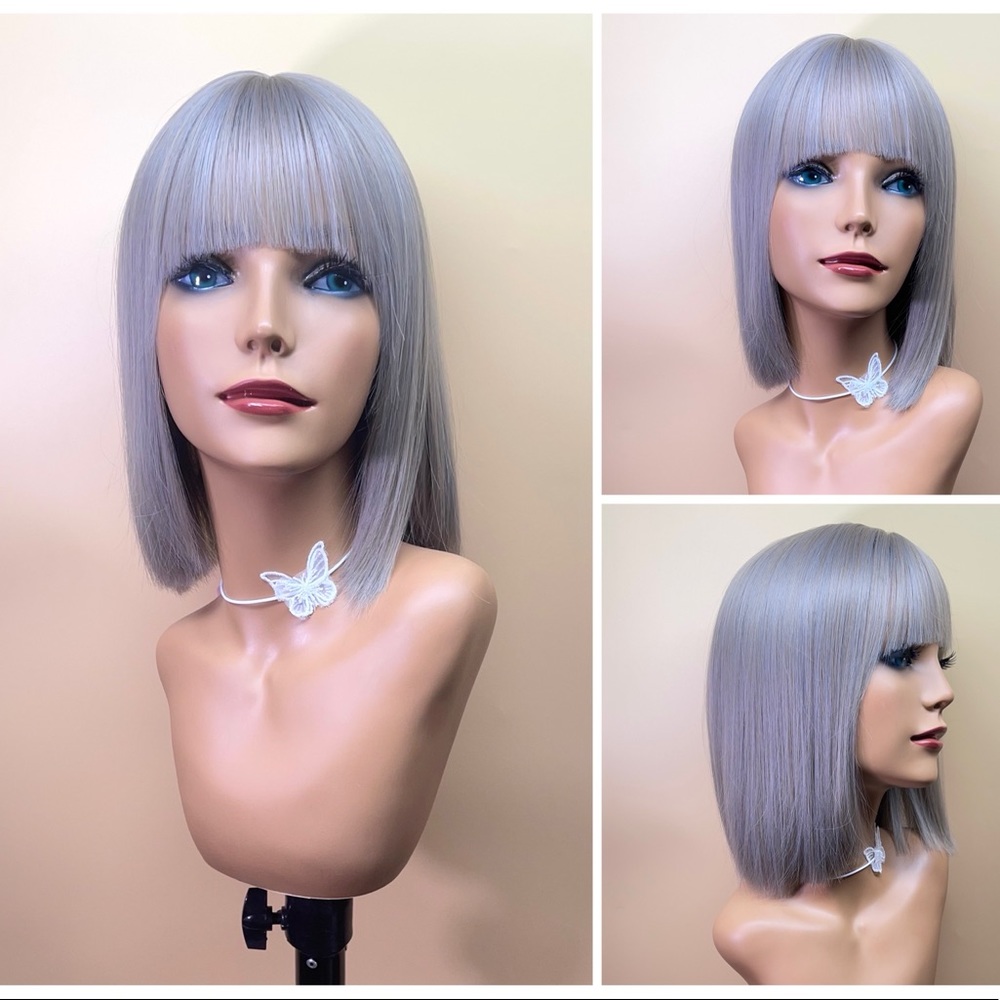 13” Silver Gray Short Straight Bangs Blunt Cut Synthetic Wig